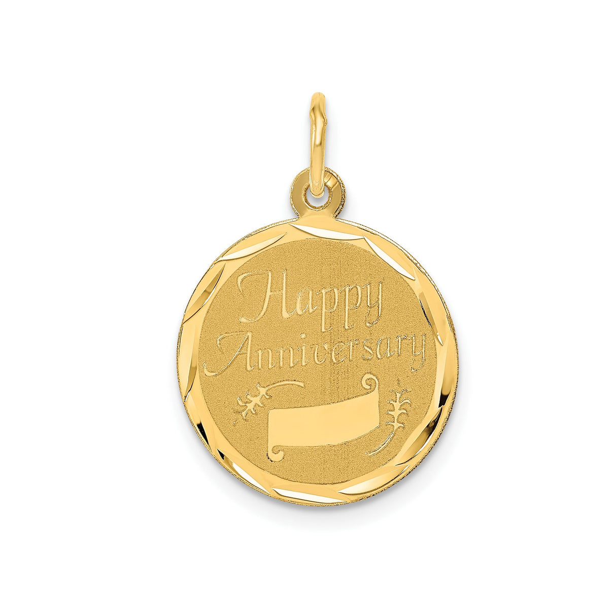 14k Yellow Gold Round Pendant with Floral Engraving and Happy Anniversary Message