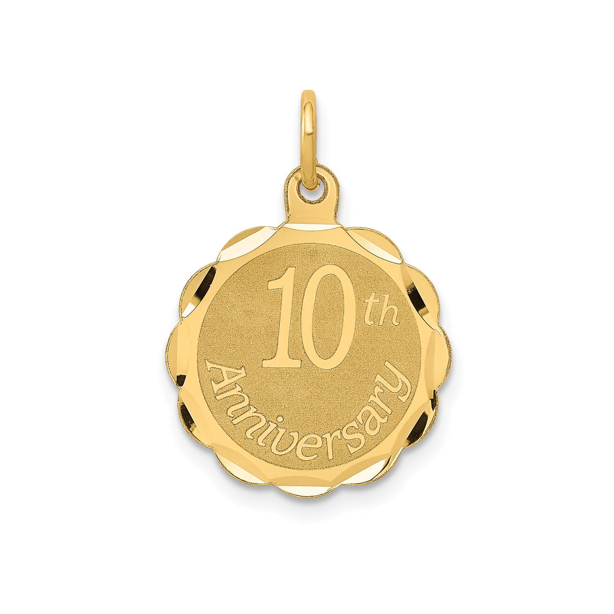 14k Yellow Gold Pendant with Scalloped Edge, 10th Anniversary Milestone Charm for Women