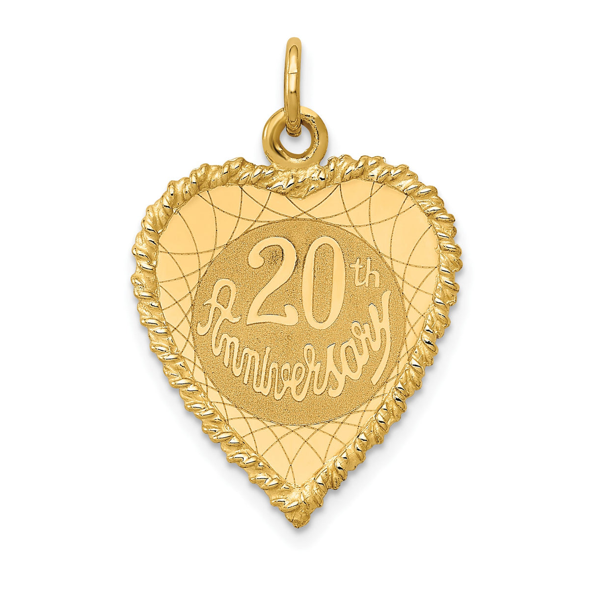 14k Yellow Gold Heart Pendant with 20th Anniversary Engraving and Decorative Border