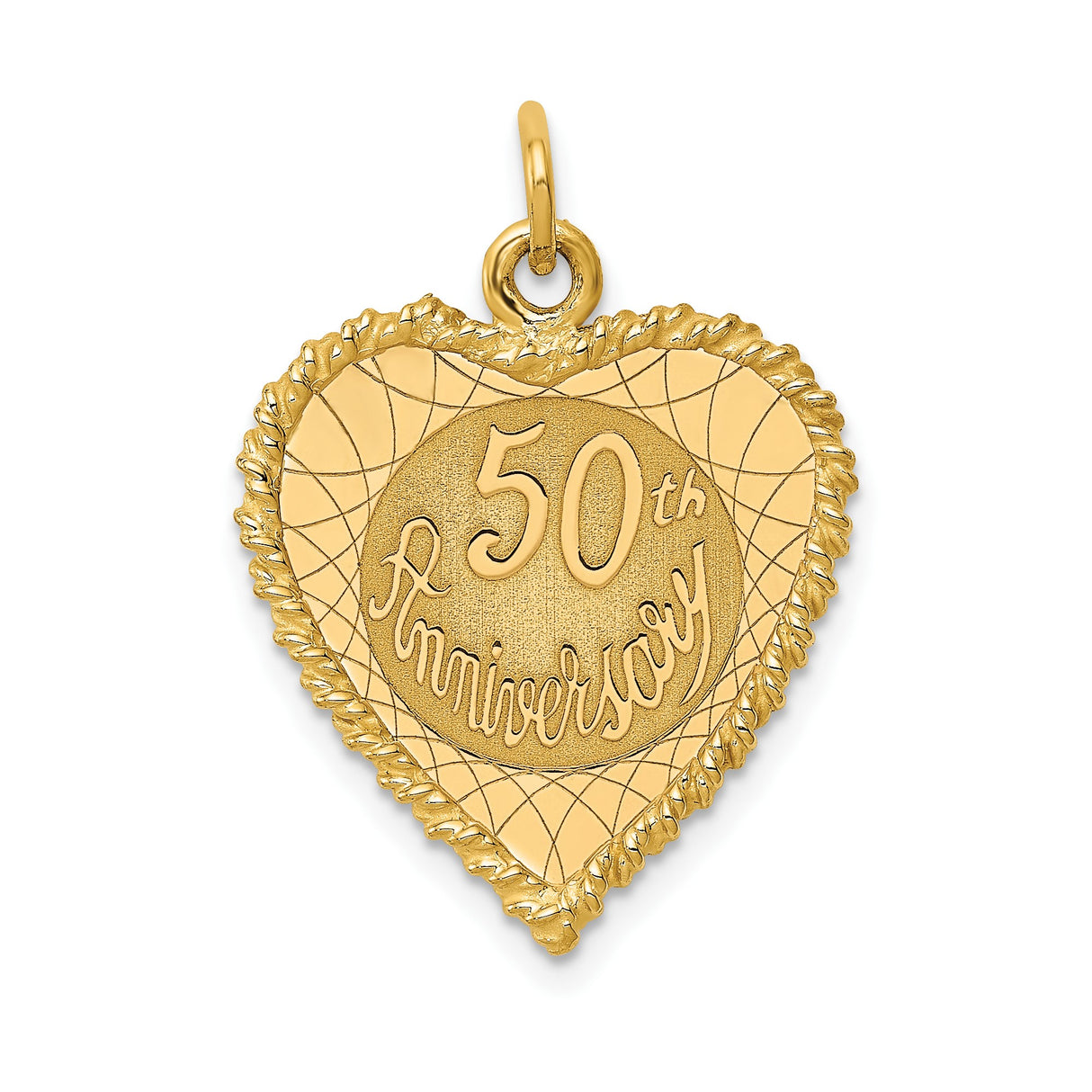 14k Yellow Gold Heart Pendant with 50th Anniversary Engraving and Textured Border