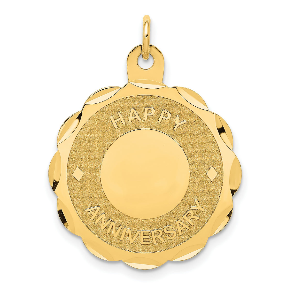 14k Yellow Gold Pendant, Scalloped Edge Happy Anniversary Charm, Sentimental Jewelry Keepsake