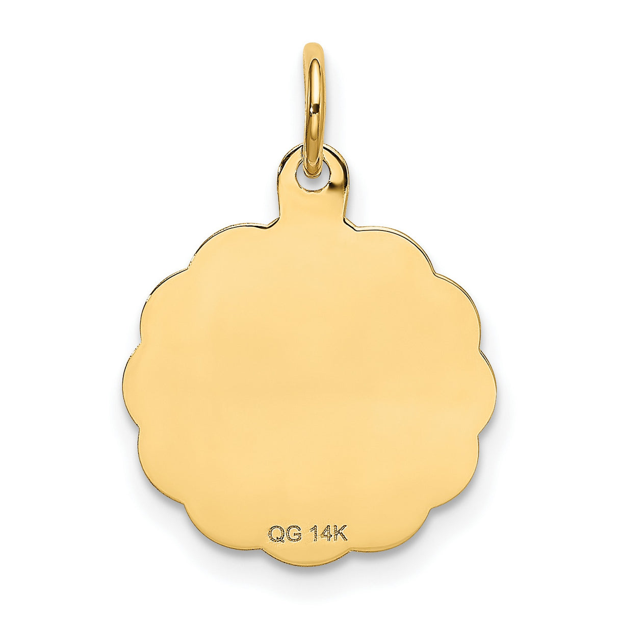 Its A Boy Words And Baby In Blanket On Round Scalloped Edge Disc Charm Pendant in Real 14k Yellow Gold