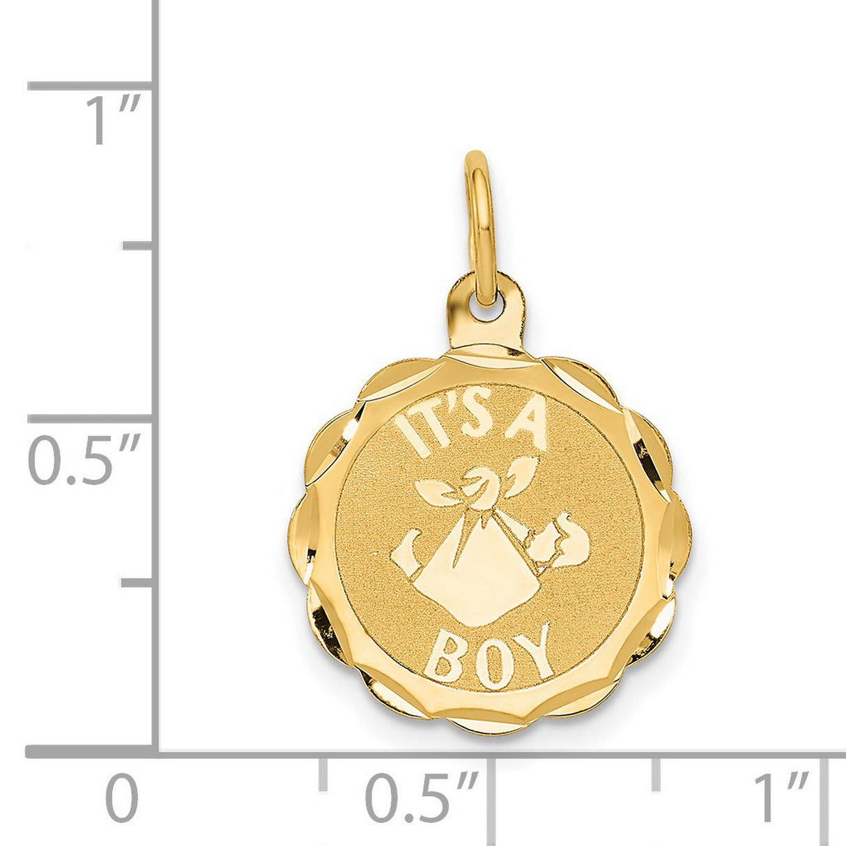 Its A Boy Words And Baby In Blanket On Round Scalloped Edge Disc Charm Pendant in Real 14k Yellow Gold