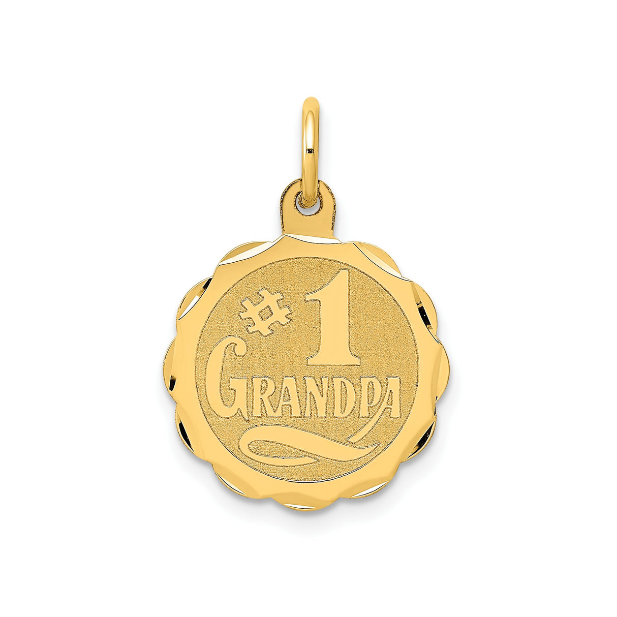 14k Yellow Gold Pendant with Number One Grandpa Engraving, Scalloped Edge Round Charm for Men