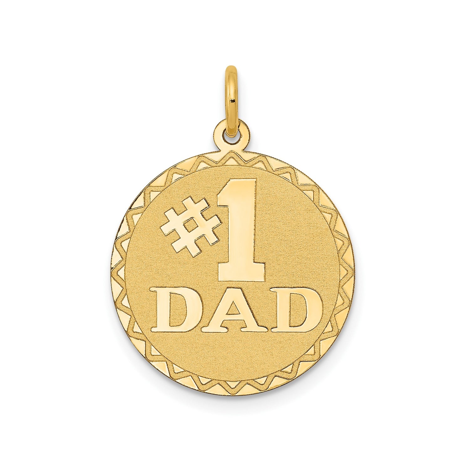 #1 Dad Stacked Words On Round Disc Charm Pendant in Real 14k Yellow Gold