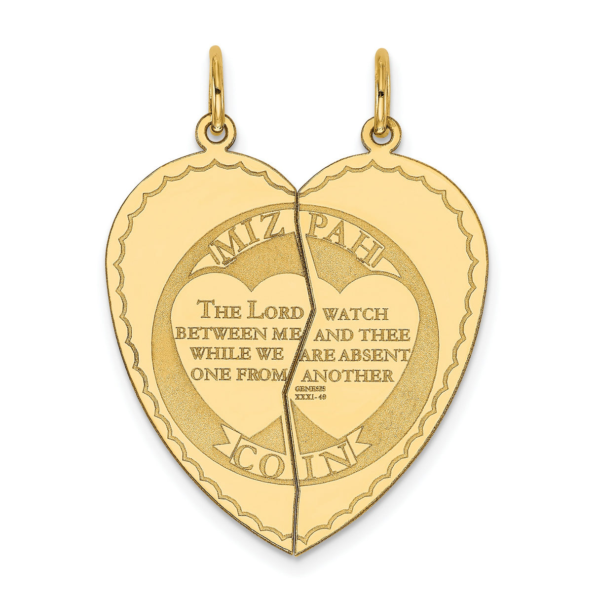 Break Apart Mizpah Coin Emotional Bond Words Genesis 31:49 on Heart Shaped Charm Pendant in Real 14k Yellow Gold