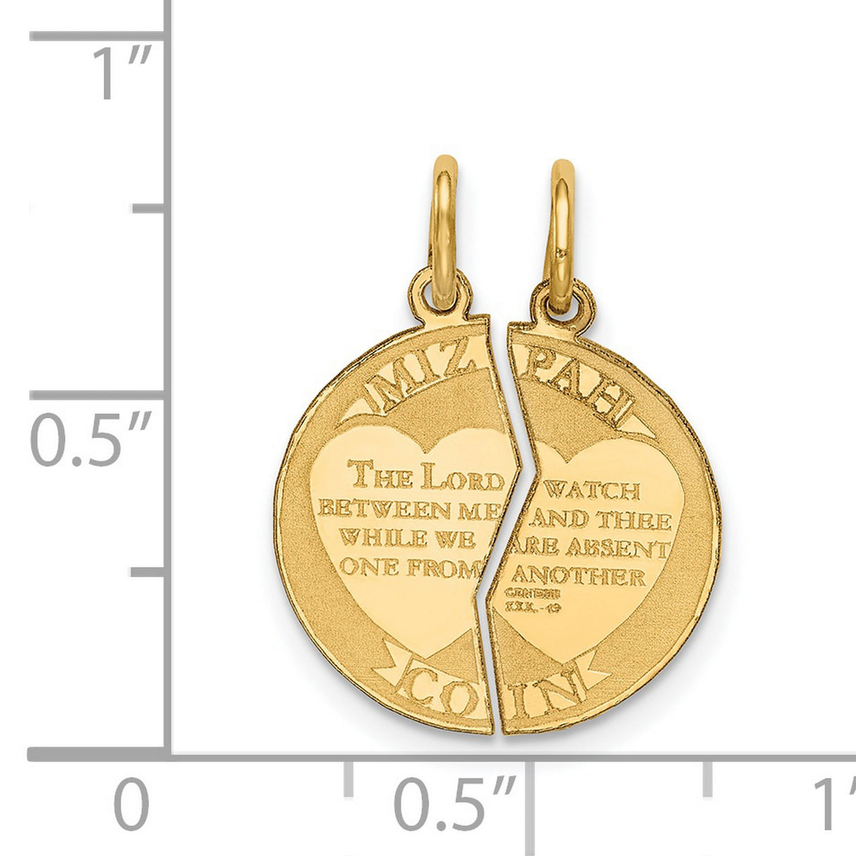 2-Piece Break Apart Mizpah Coin Emotional Bond Words Genesis 31:49 on Round Charm Pendant in Real 14k Yellow Gold