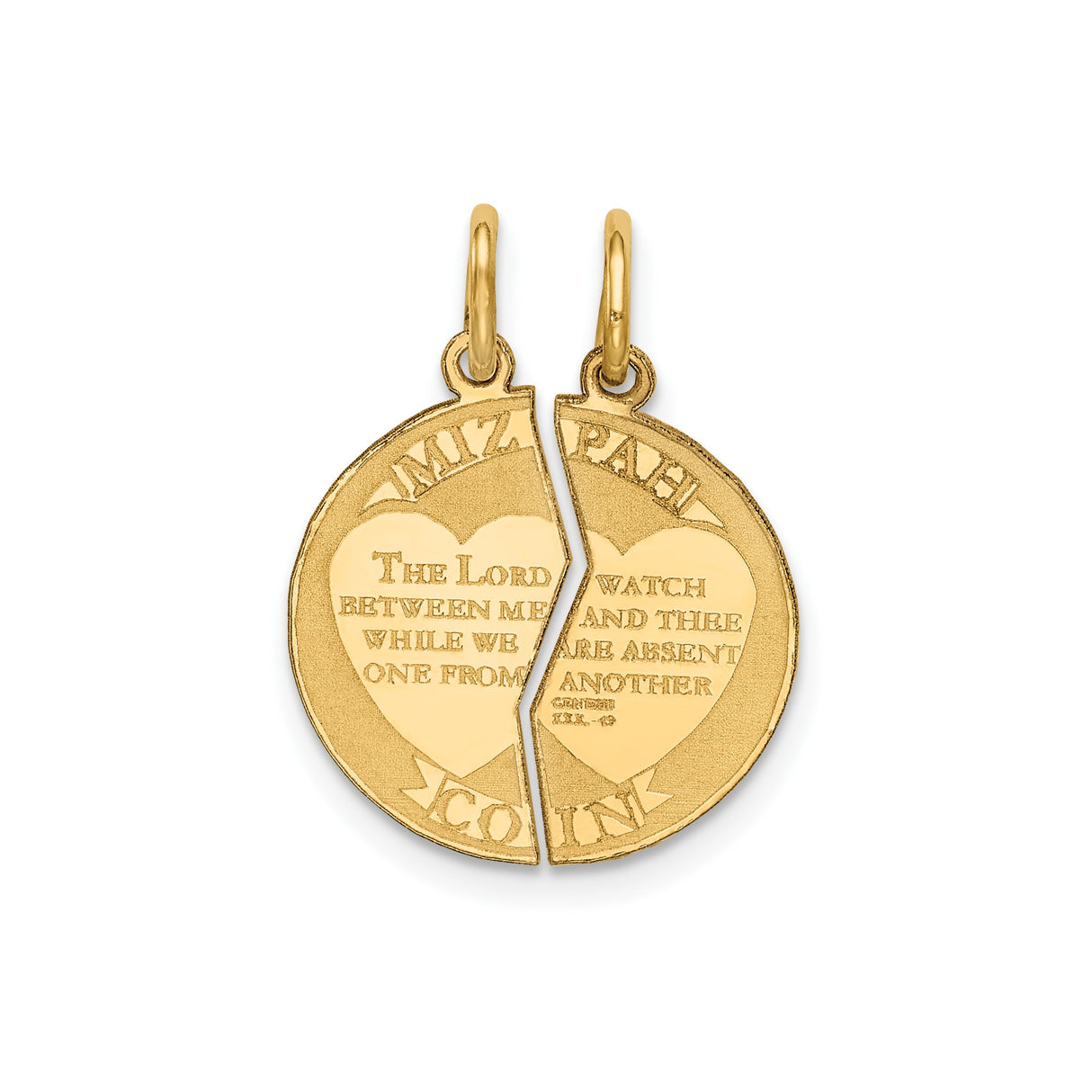 14k Yellow Gold Mizpah Coin Pendant Set with Genesis 31:49 Bible Verse Break-Apart Design