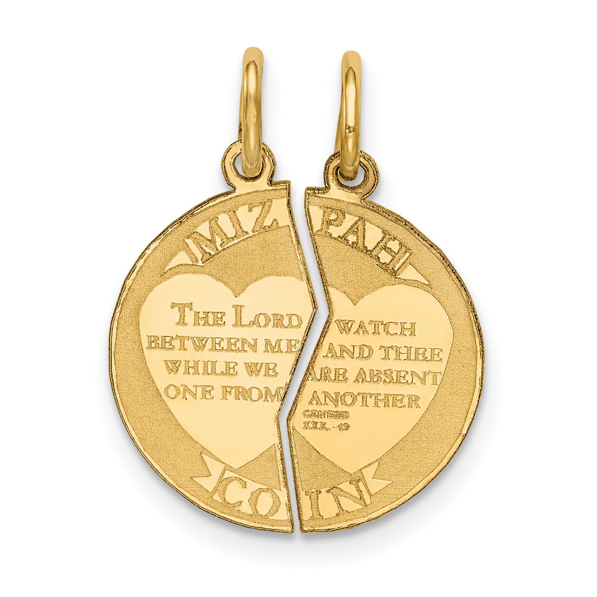 2-Piece Break Apart Mizpah Coin Emotional Bond Words Genesis 31:49 on Round Charm Pendant in Real 14k Yellow Gold