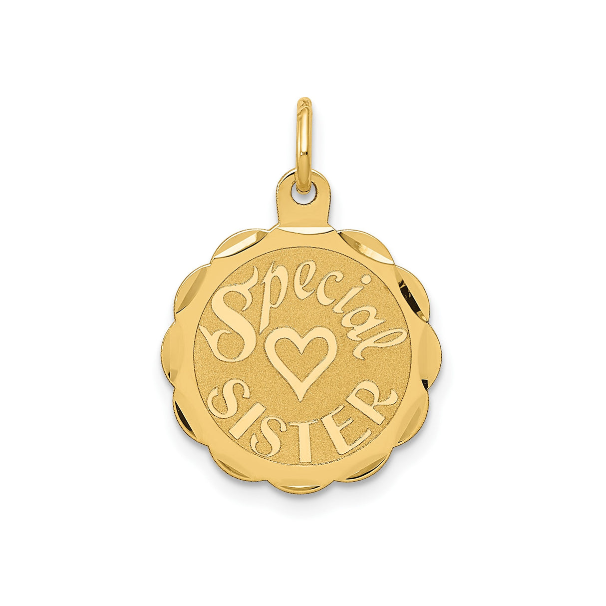 14k Yellow Gold Special Sister Pendant with Heart and Scalloped Edge Medallion Charm