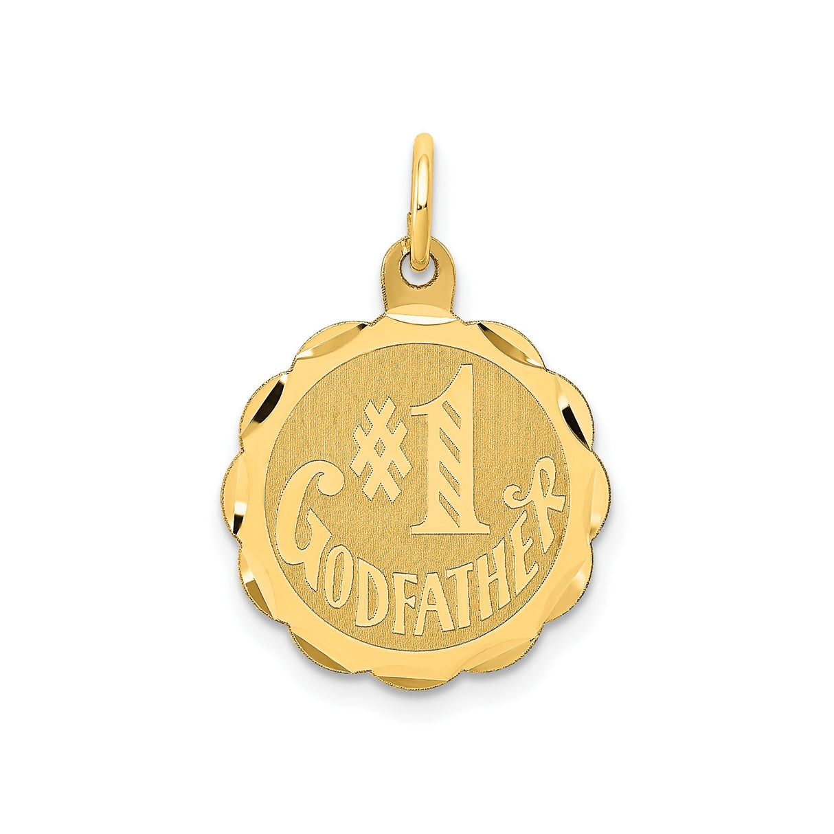 14k Yellow Gold Godfather Pendant with Scalloped Edge, Round Disc Religious Charm for Men