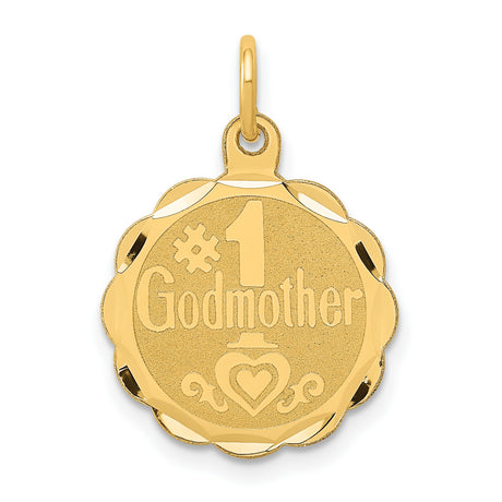 #1 Godmother Words And Heart Round Charm Pendant in Real 14k Yellow Gold