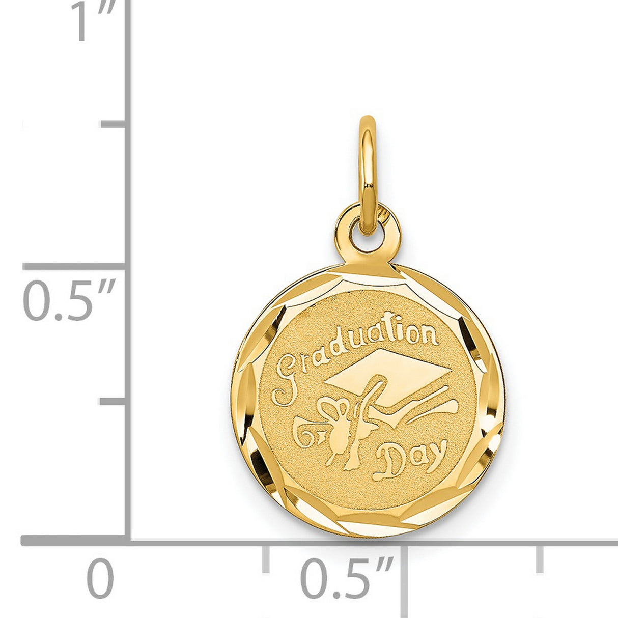 Graduation Day Words and Cap on Round Charm Pendant in Real 14k Yellow Gold