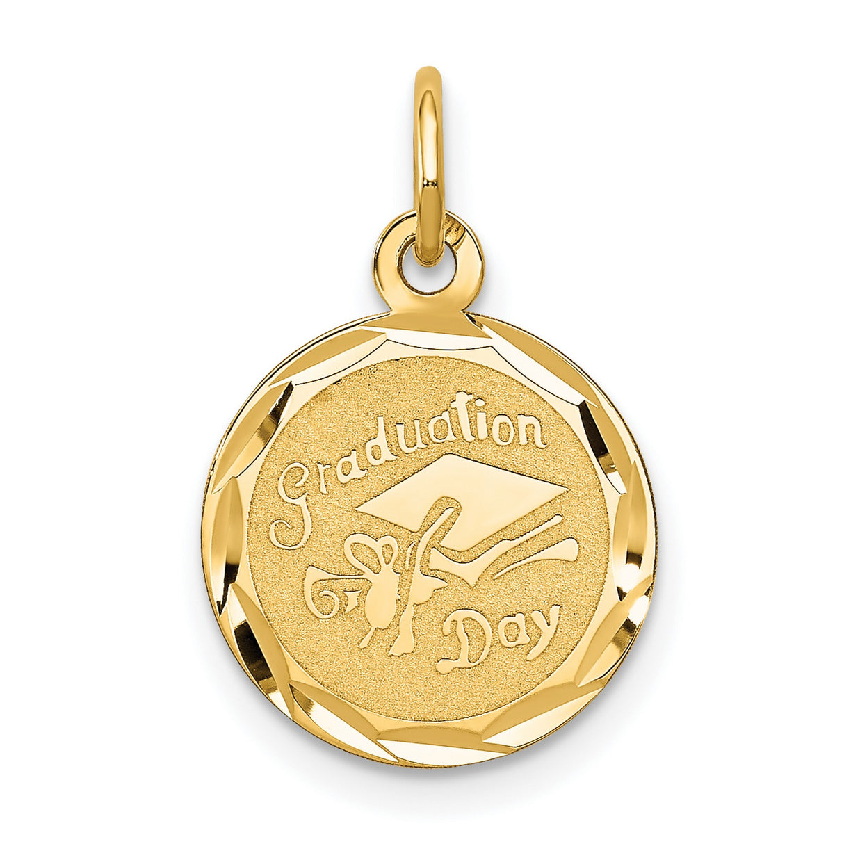 Graduation Day Words and Cap on Round Charm Pendant in Real 14k Yellow Gold
