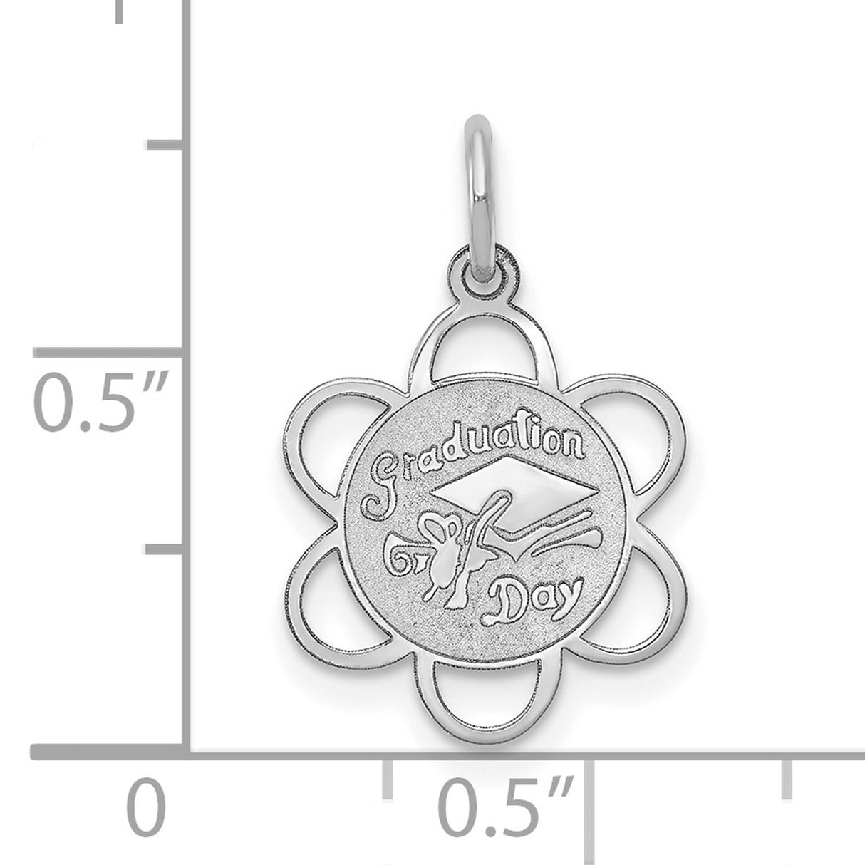 14k White Gold Graduation Pendant Charm with Cap, Diploma, and Flower Outline