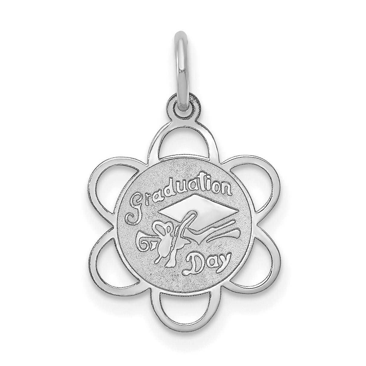 14k White Gold Graduation Pendant Charm with Cap, Diploma, and Flower Outline
