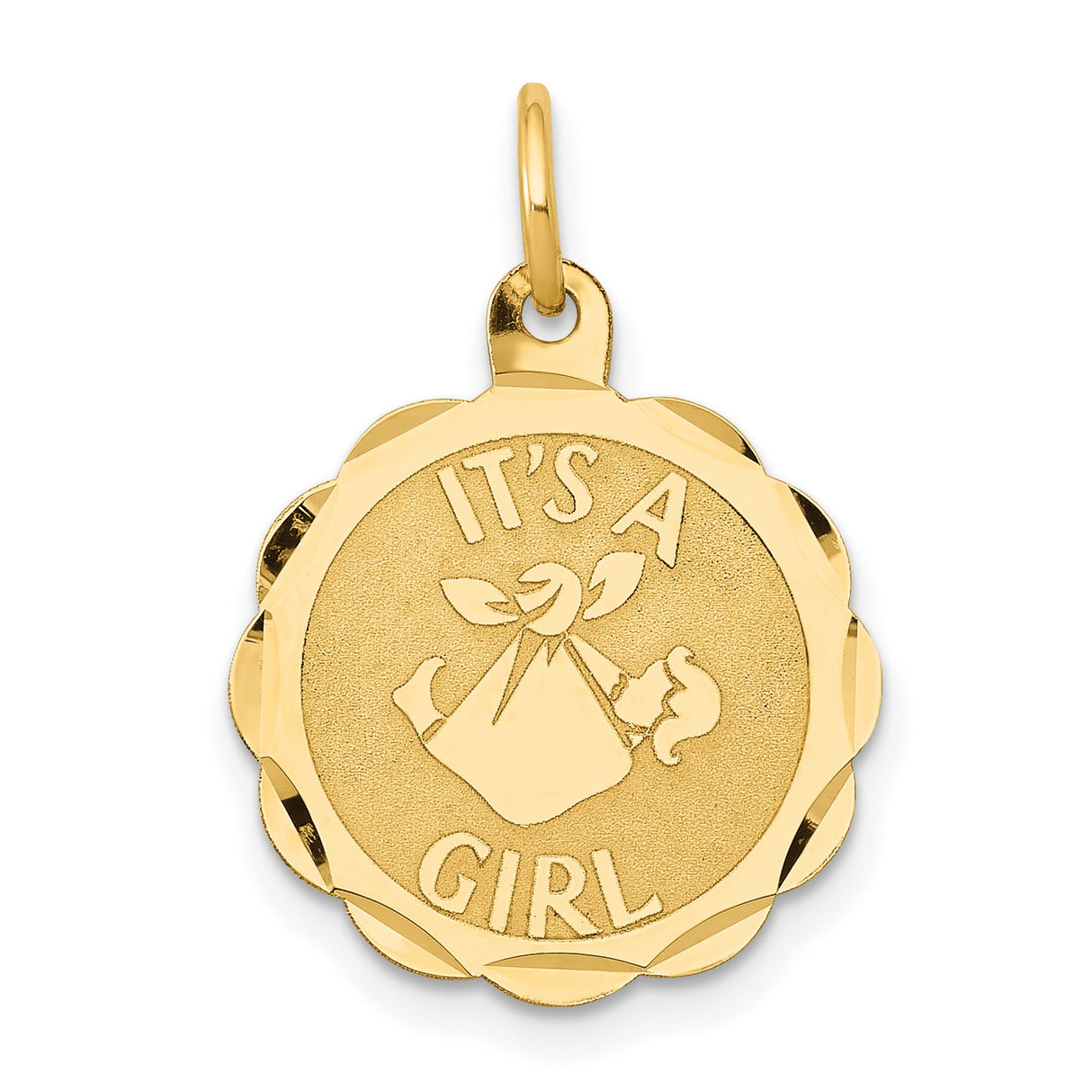14k Yellow Gold Pendant with Stork Carrying Baby, Its a Girl Scalloped Charm for New Moms