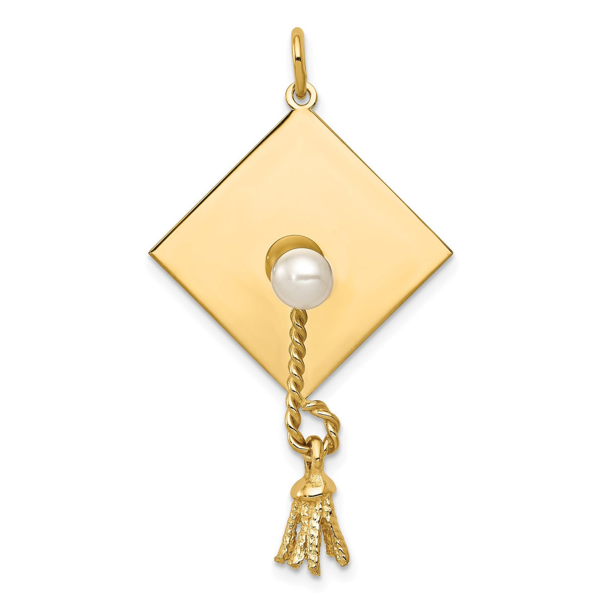 Graduation Day Cap With Cultured Pearl on Tassel Charm Pendant in Real 14k Yellow Gold