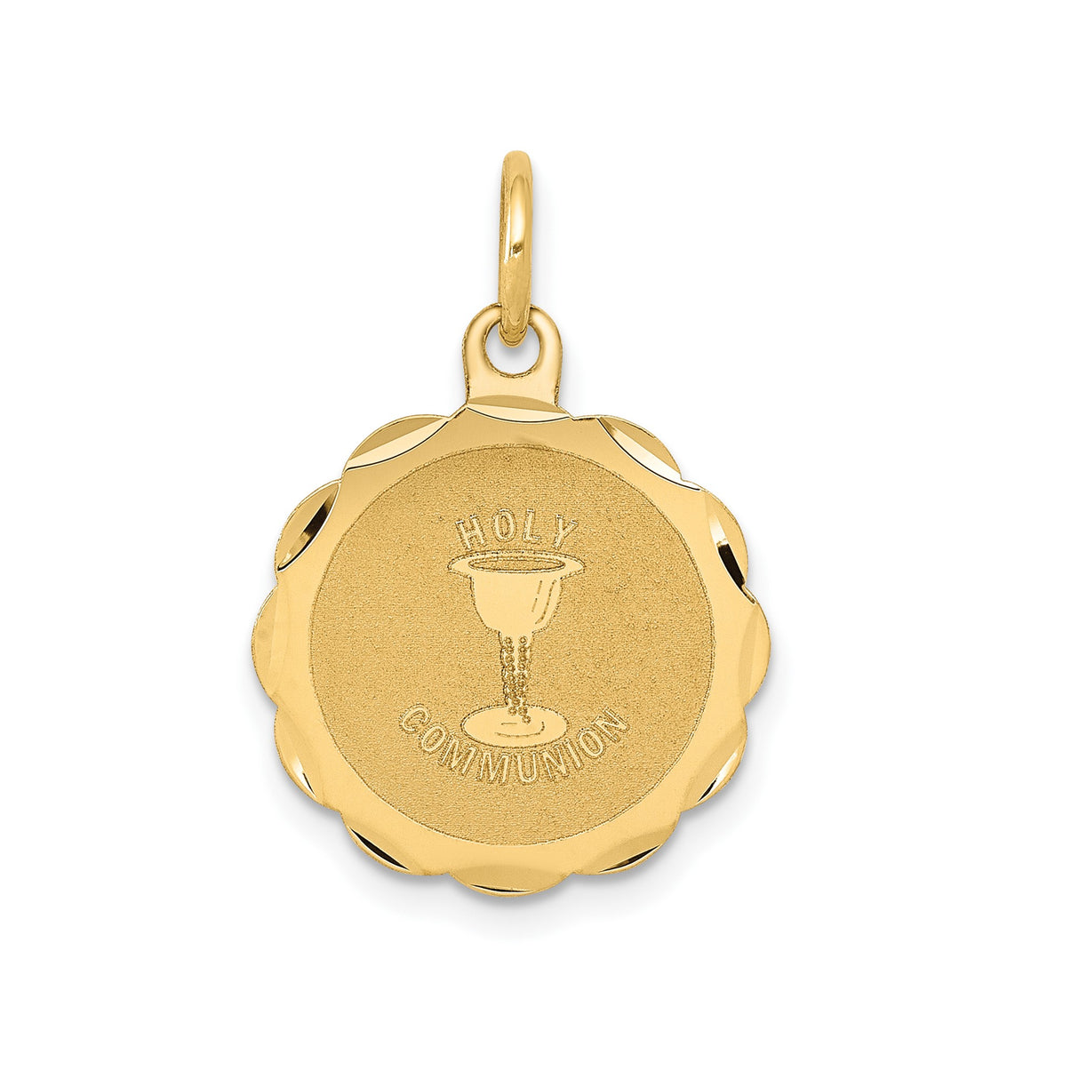 14k Yellow Gold Holy Communion Chalice Pendant Medal with Scalloped Edge, Catholic Charm