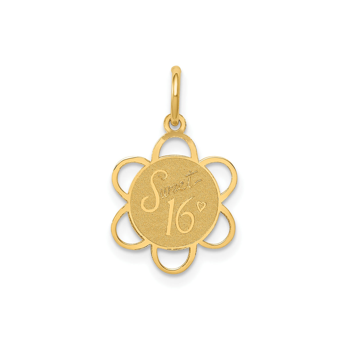 14k Yellow Gold Sweet 16 Pendant with Heart Engraving and Floral Border Charm for Teen Girl