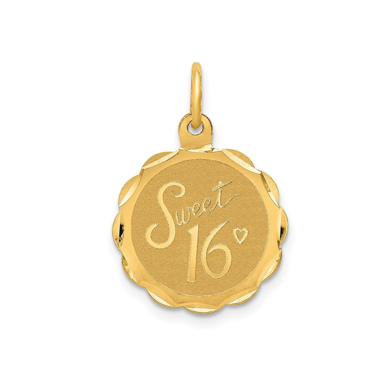 14k Yellow Gold Sweet 16 Pendant Charm with Heart Detail and Scalloped Edge