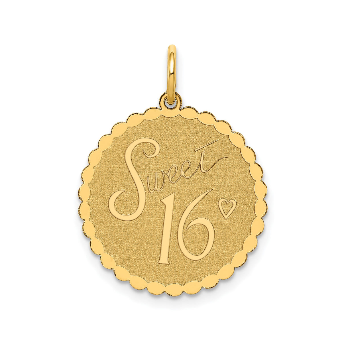 14k Yellow Gold Sweet Sixteen Pendant with Scalloped Border and Heart Detail