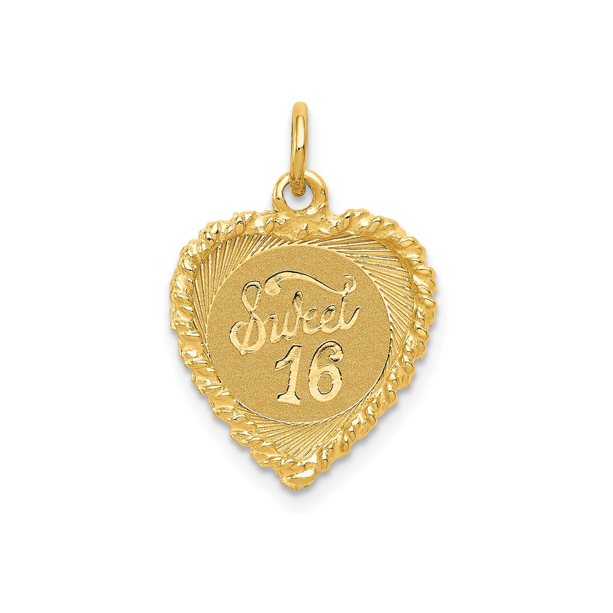 14k Yellow Gold Heart Shaped Pendant with Sweet 16 Engraving and Textured Border