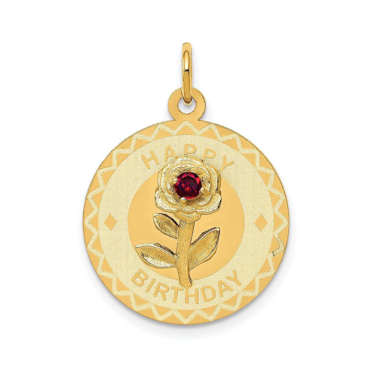 14k Yellow Gold Pendant with Cubic Zirconia, Red Gemstone Rose, Floral Birthday Charm