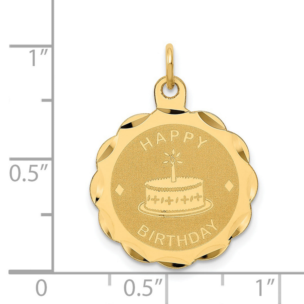 Happy Birthday Words and Cake on Round Penny Size Charm Pendant in Real 14k Yellow Gold
