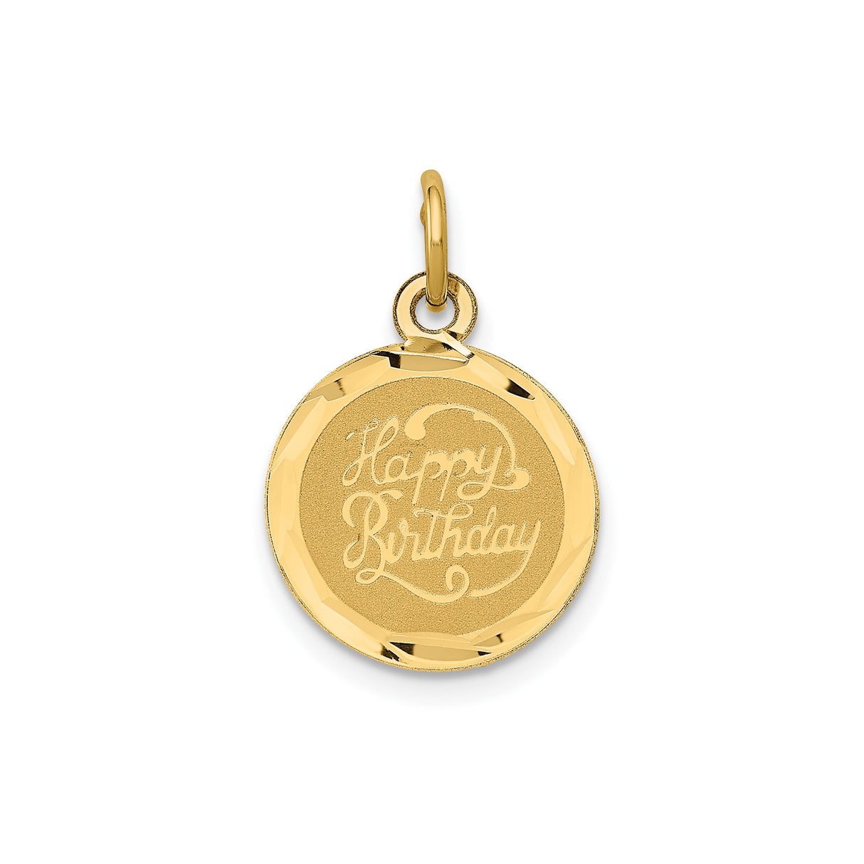 14k Yellow Gold Happy Birthday Round Pendant Charm with Script Engraving and Textured Center