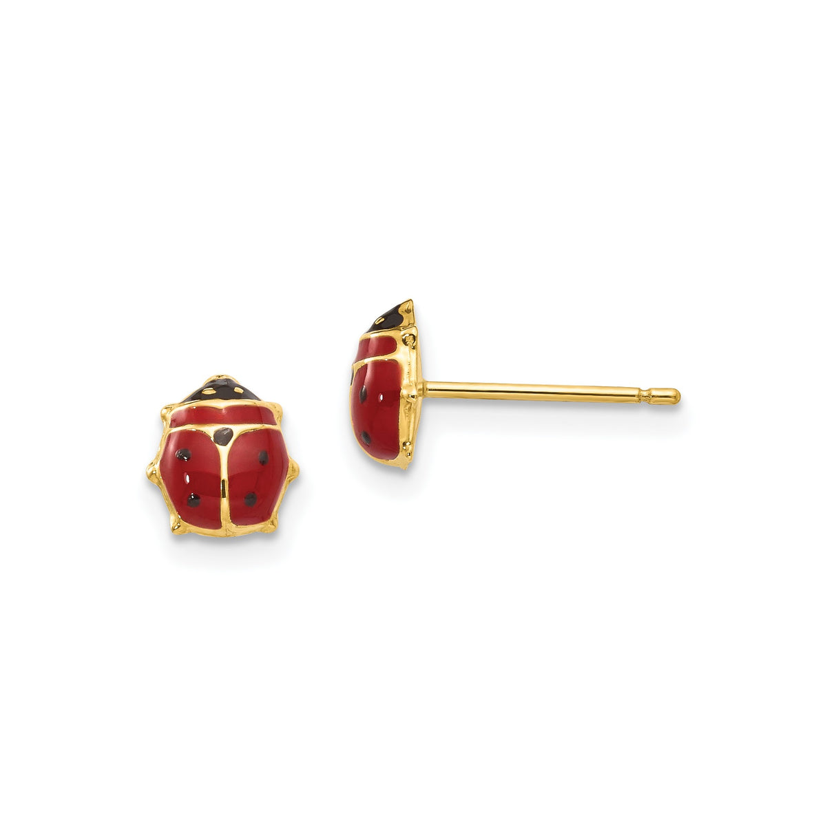 14k Yellow Gold Ladybug Stud Earrings with Red and Black Enamel, Nature Insect Design