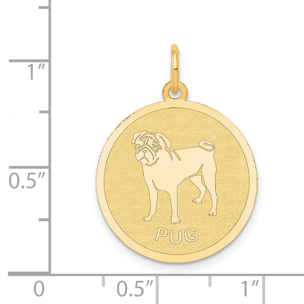 14k Yellow Gold Pug Pendant, Outline and Word PUG Disc Charm, Dog Jewelry for Pet Lovers