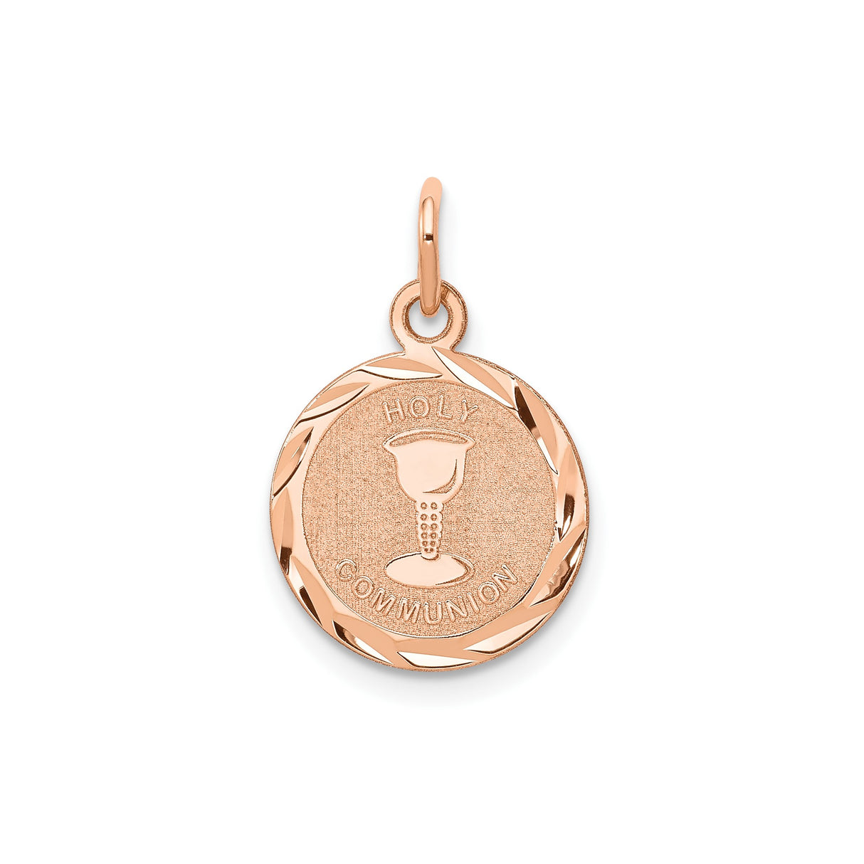 14k Rose Gold Holy Communion Medal Pendant with Chalice Engraving, Catholic Religious Charm