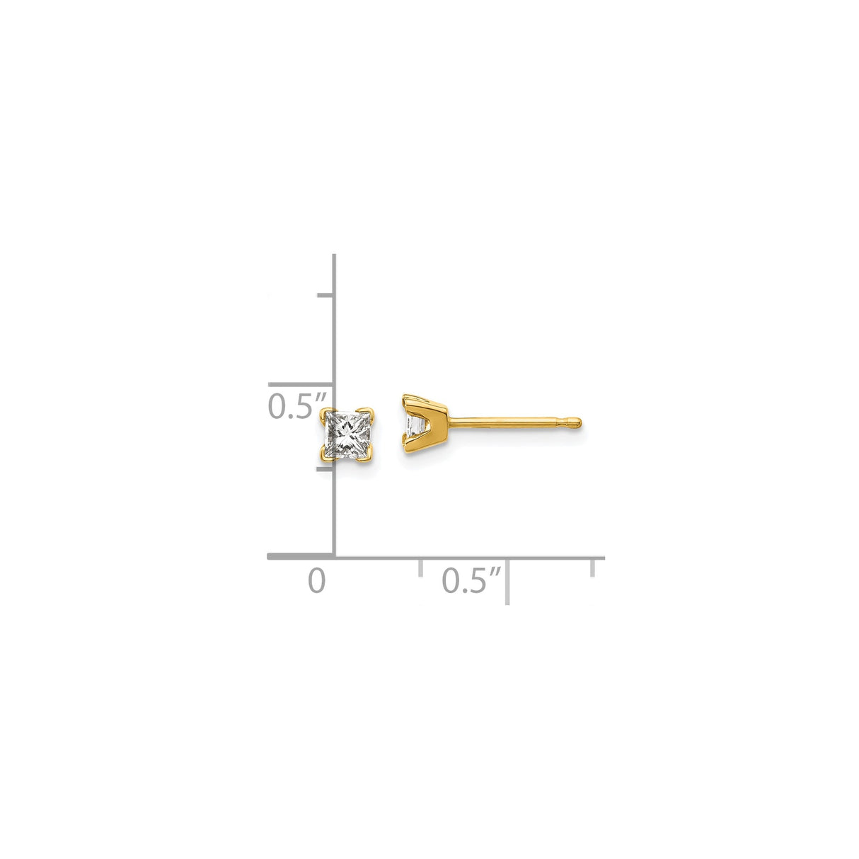 14k Yellow Gold Princess Cut Diamond Stud Earrings, Four Prong Solitaire Style