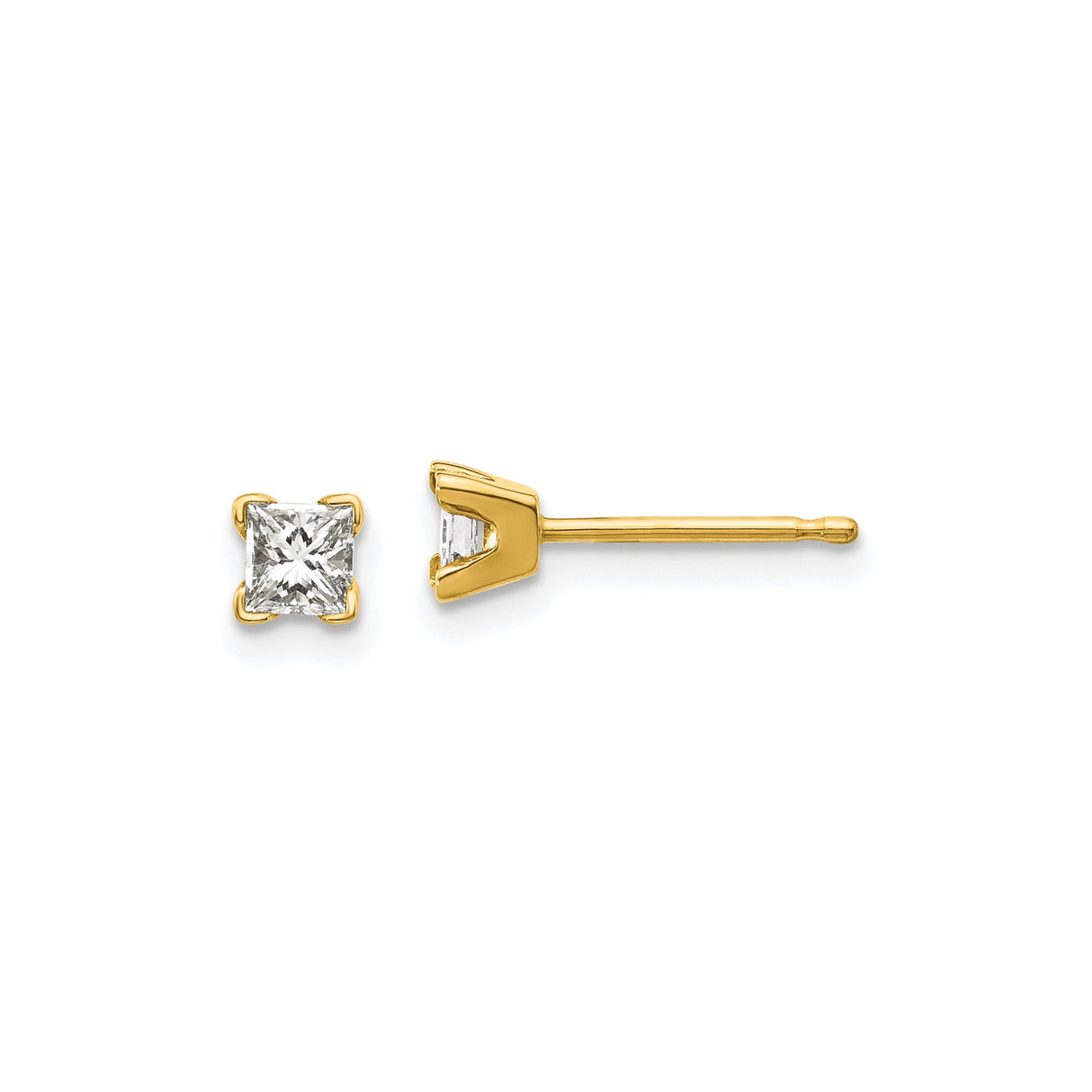 14k Yellow Gold Princess Cut Diamond Stud Earrings, Four Prong Solitaire Style
