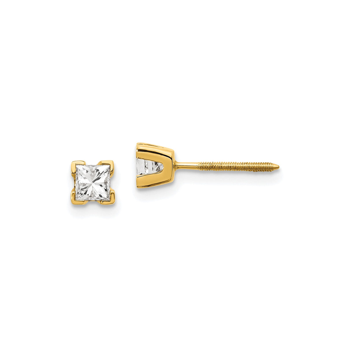 14k Yellow Gold Stud Earrings with Princess Cut Diamond, Four Prong Screw Back Design
