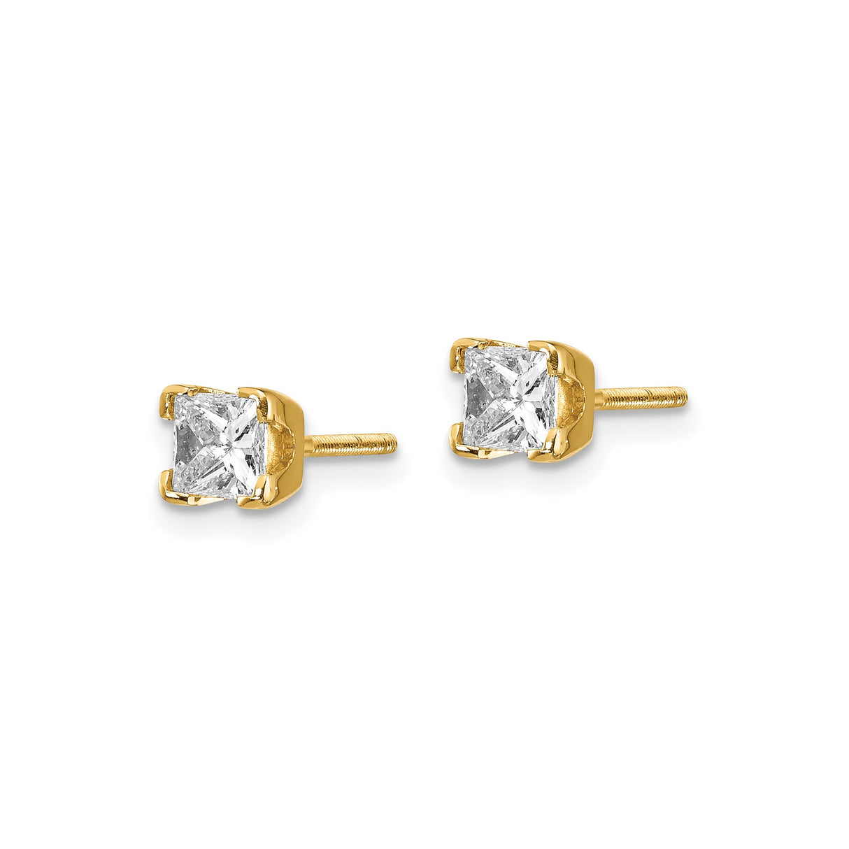 14k Yellow Gold Princess Cut Diamond Stud Earrings, Four Prong Screw Back Studs
