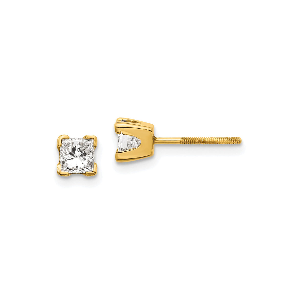 14k Yellow Gold Stud Earrings with Diamond, Princess Cut, Four Prong Solitaire Design