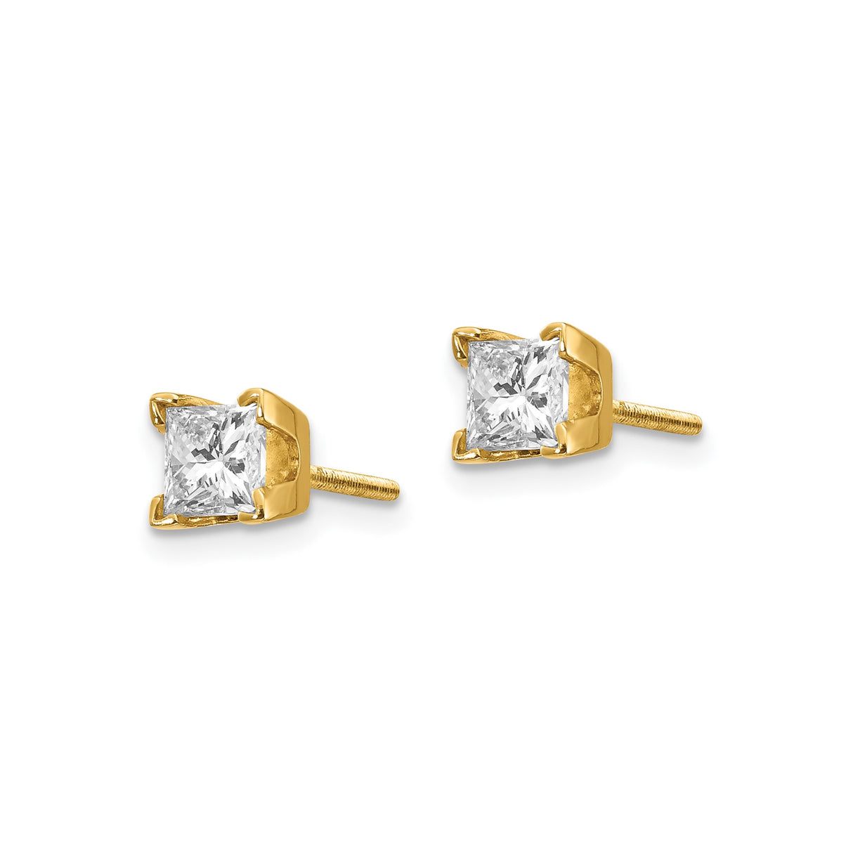14k Yellow Gold Stud Earrings with Princess Cut Diamond, Solitaire Style with Screw Backs