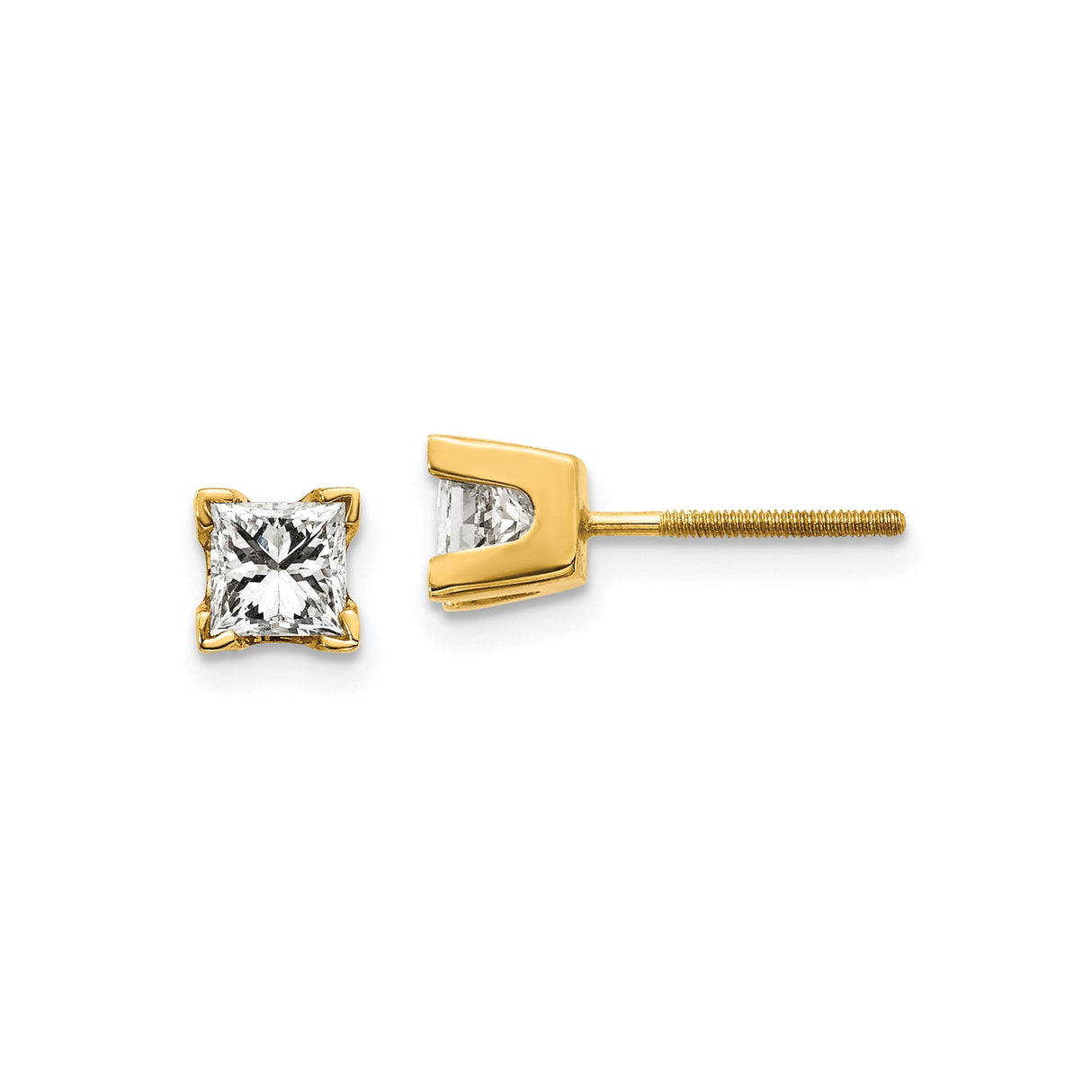 14k Yellow Gold Stud Earrings with Princess Cut Diamond, Solitaire Style with Screw Backs