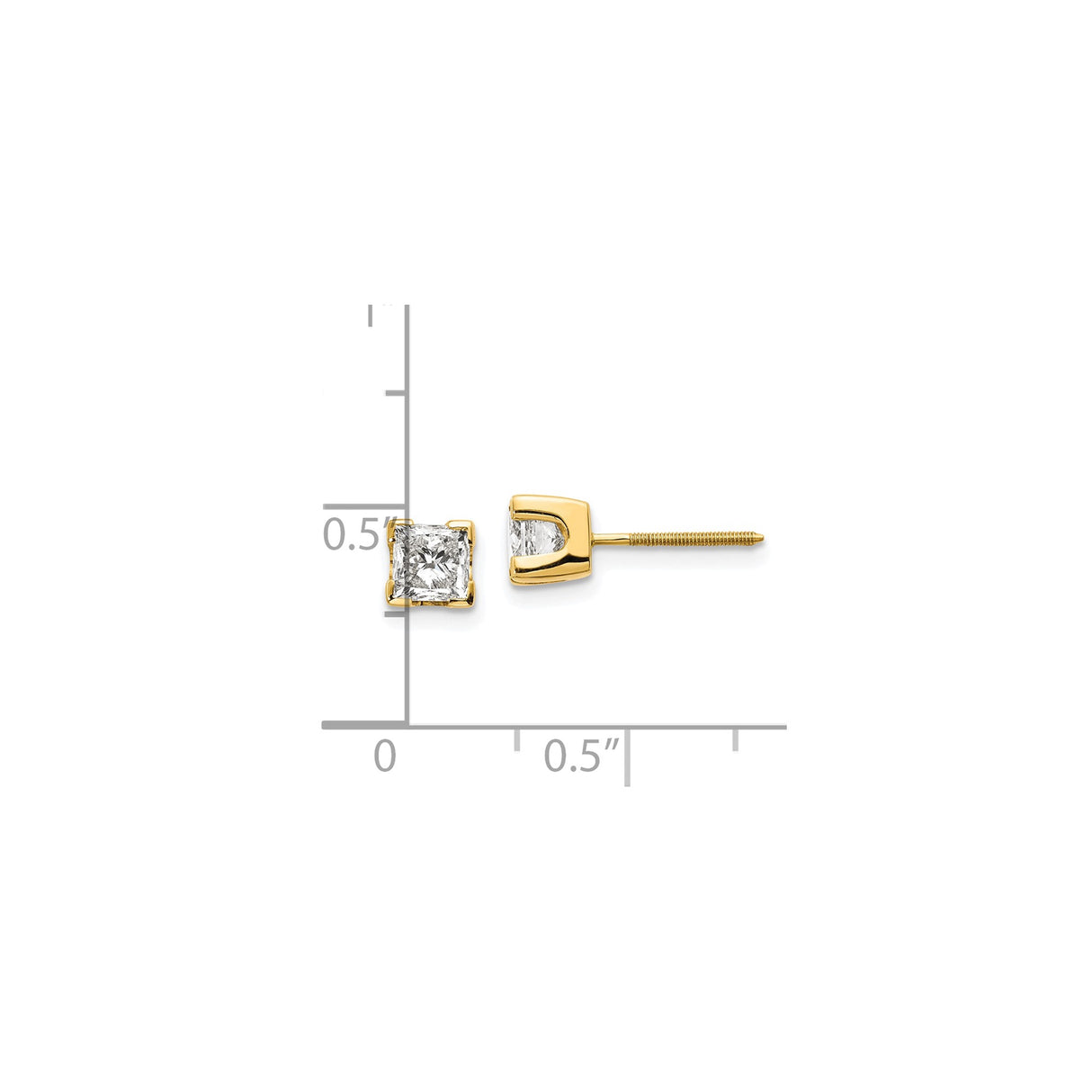 14k Yellow Gold Stud Earrings with Princess Cut Diamond, Four Prong Setting, Screw Back