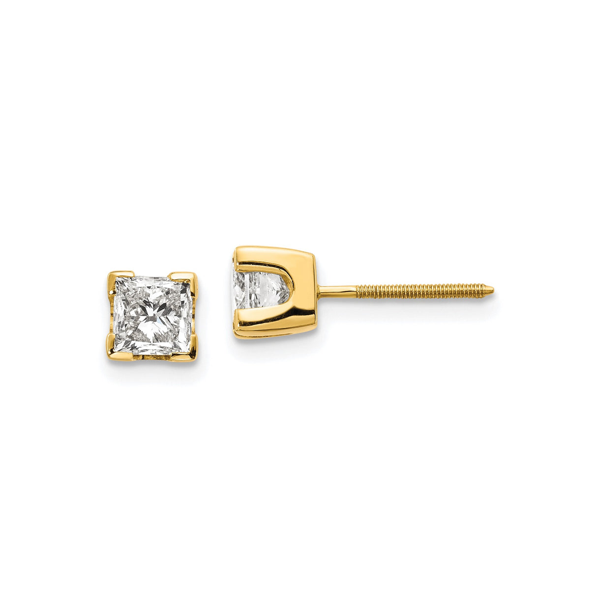 14k Yellow Gold Stud Earrings with Princess Cut Diamond, Four Prong Setting, Screw Back