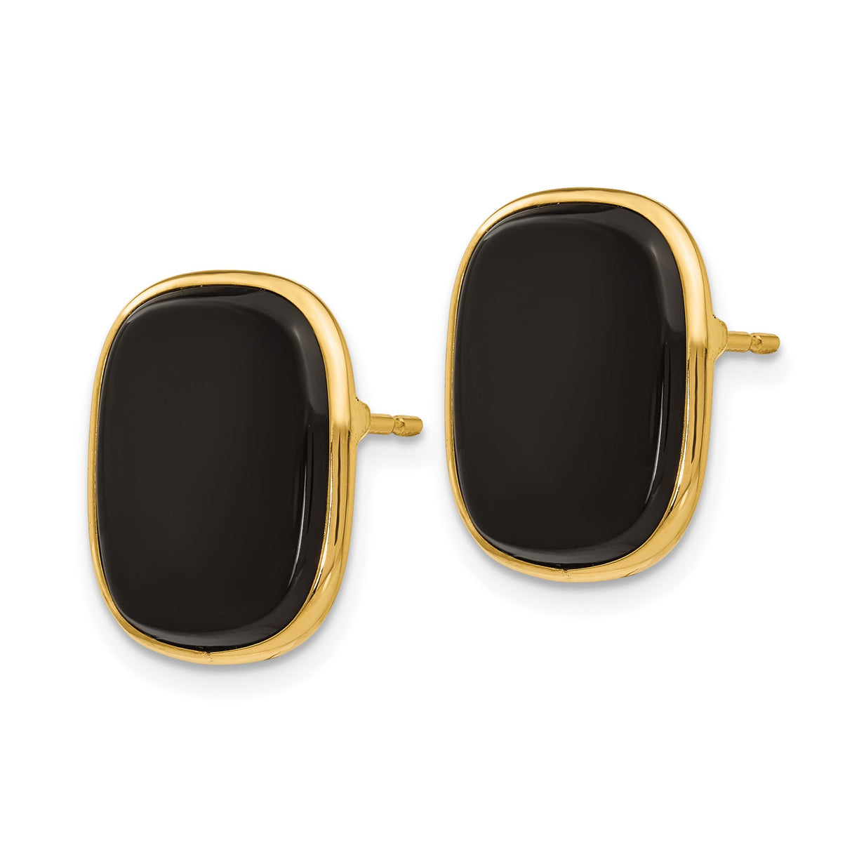 14k Yellow Gold Stud Earrings with Black Onyx, Cushion Cut, Polished Bezel Setting