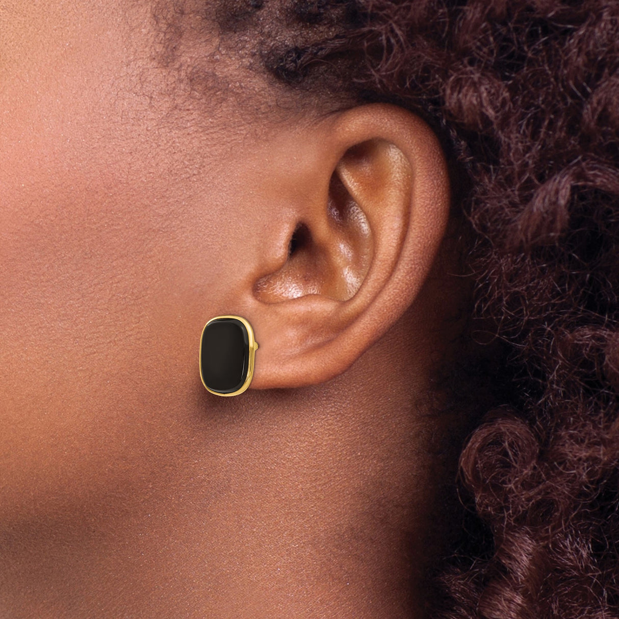 14k Yellow Gold Stud Earrings with Black Onyx, Cushion Cut, Polished Bezel Setting