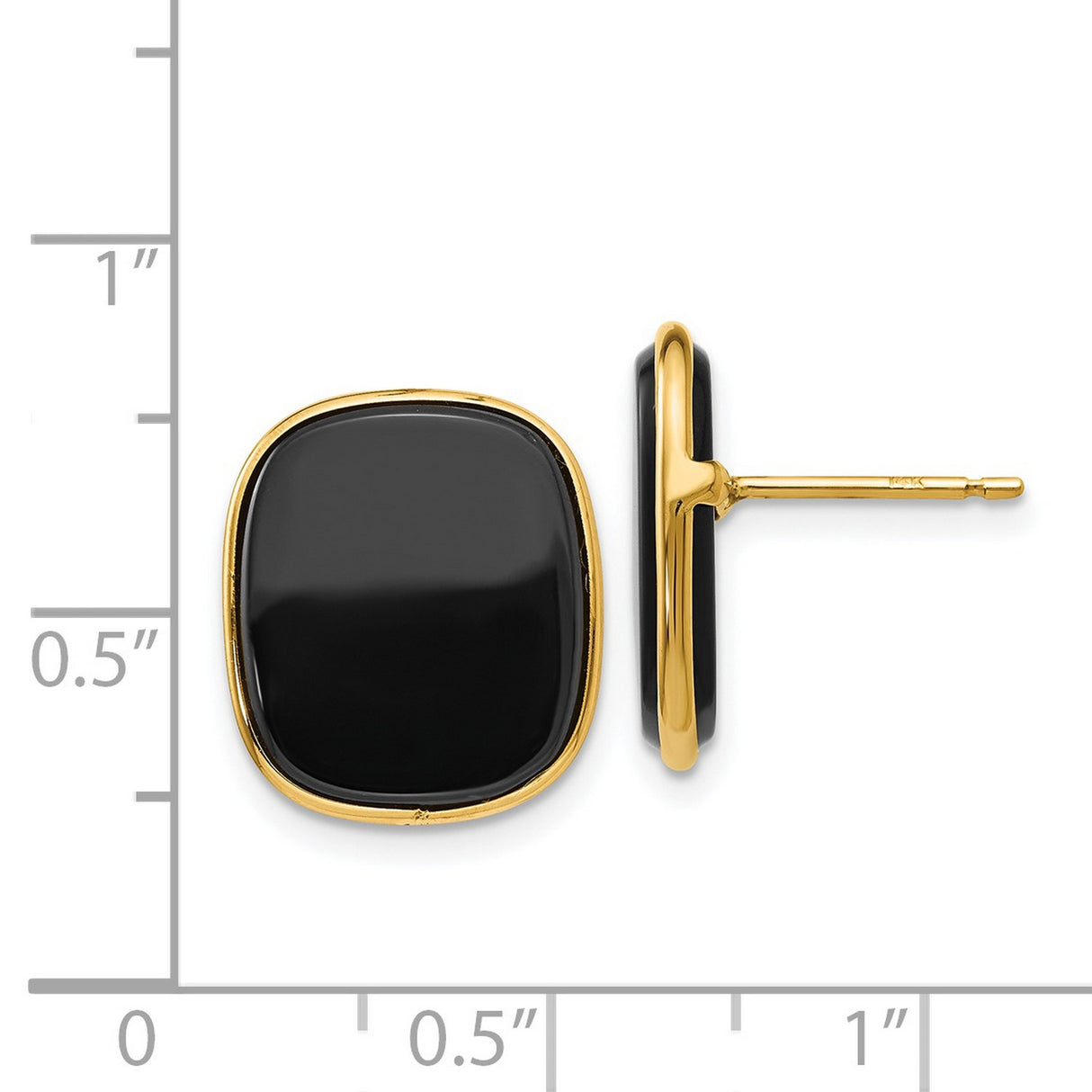 14k Yellow Gold Stud Earrings with Black Onyx, Cushion Cut, Polished Bezel Setting