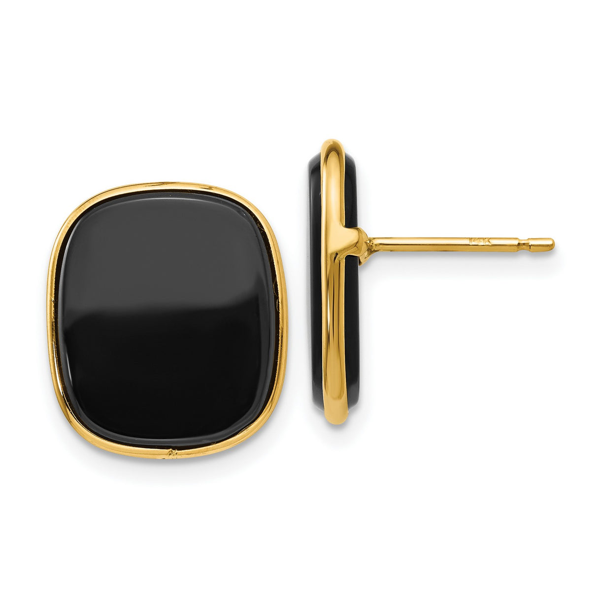 14k Yellow Gold Stud Earrings with Black Onyx, Cushion Cut, Polished Bezel Setting