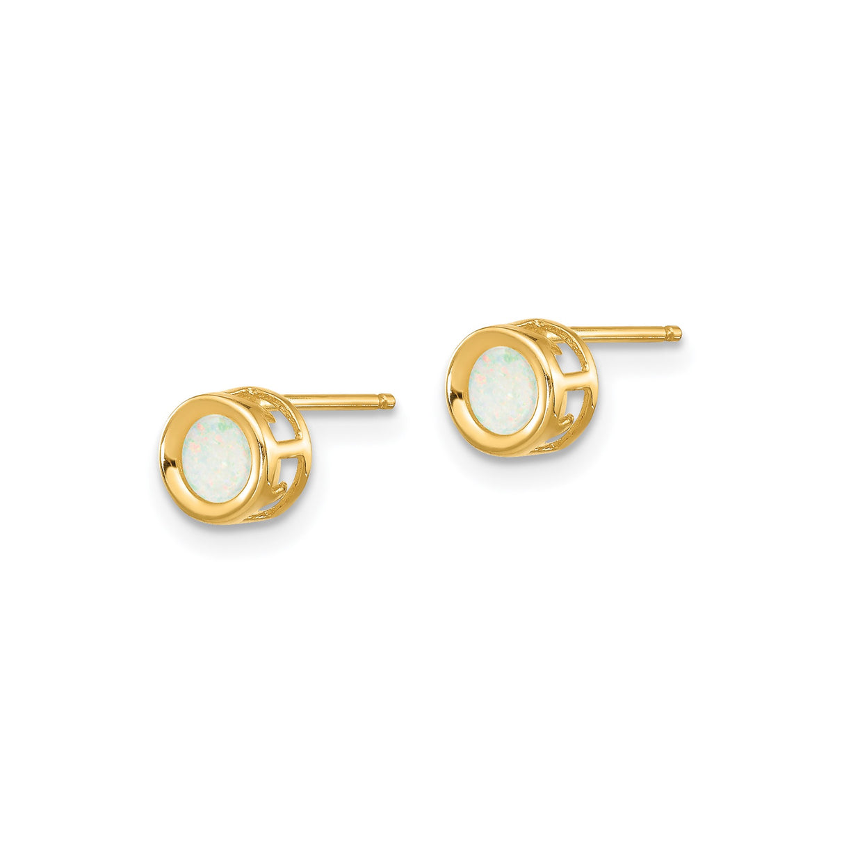 14k Yellow Gold Stud Earrings with Round White Opal in Bezel Setting, Minimalist Design