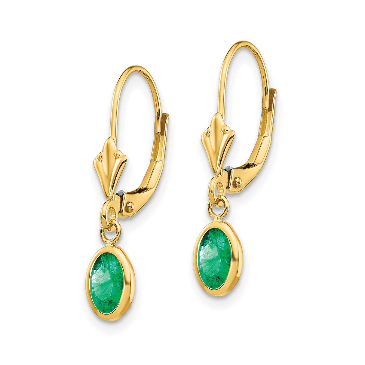 14k Yellow Gold Leverback Earrings with Oval Emerald in Bezel Setting, Dangle Drop Style