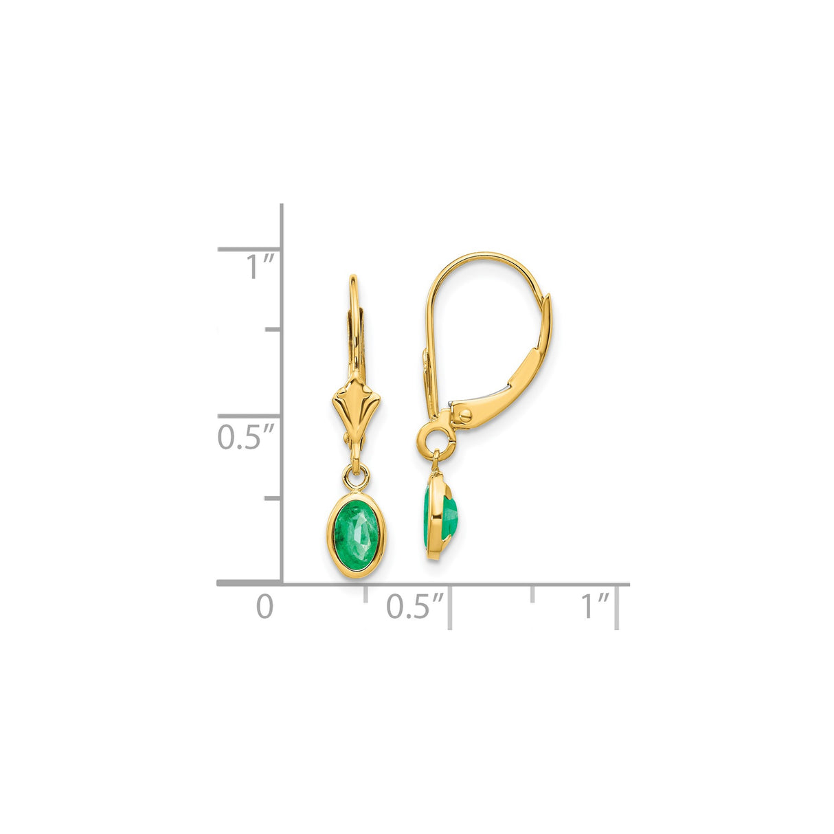14k Yellow Gold Leverback Earrings with Oval Emerald in Bezel Setting, Dangle Drop Style