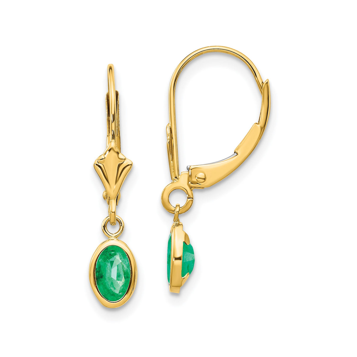 14k Yellow Gold Leverback Earrings with Oval Emerald in Bezel Setting, Dangle Drop Style